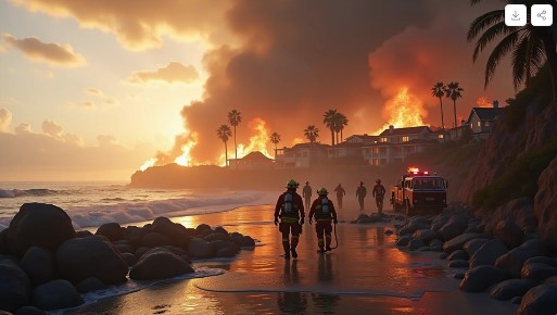 Local responders walking near a coastal fire