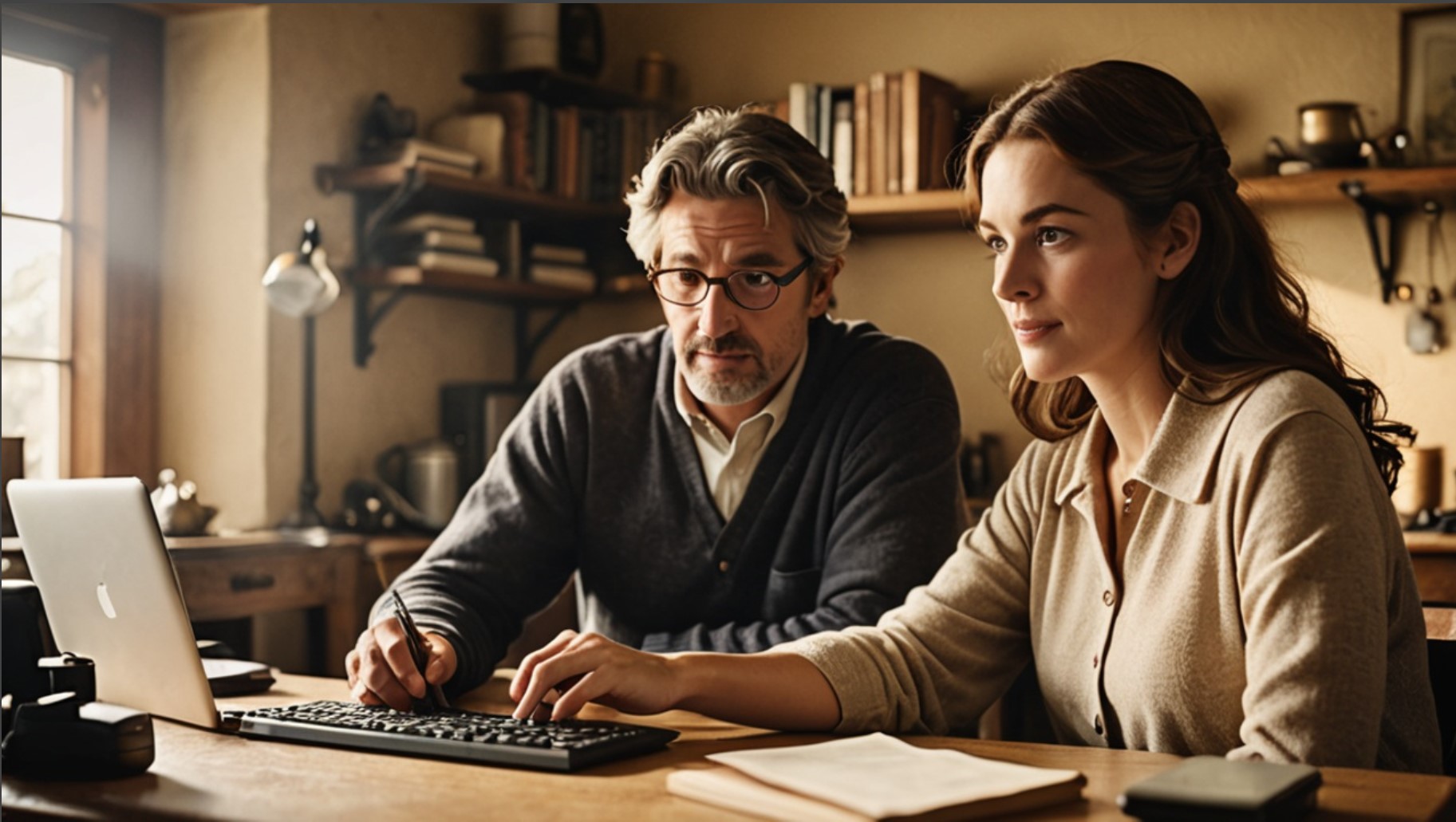 Two people reviewing information together