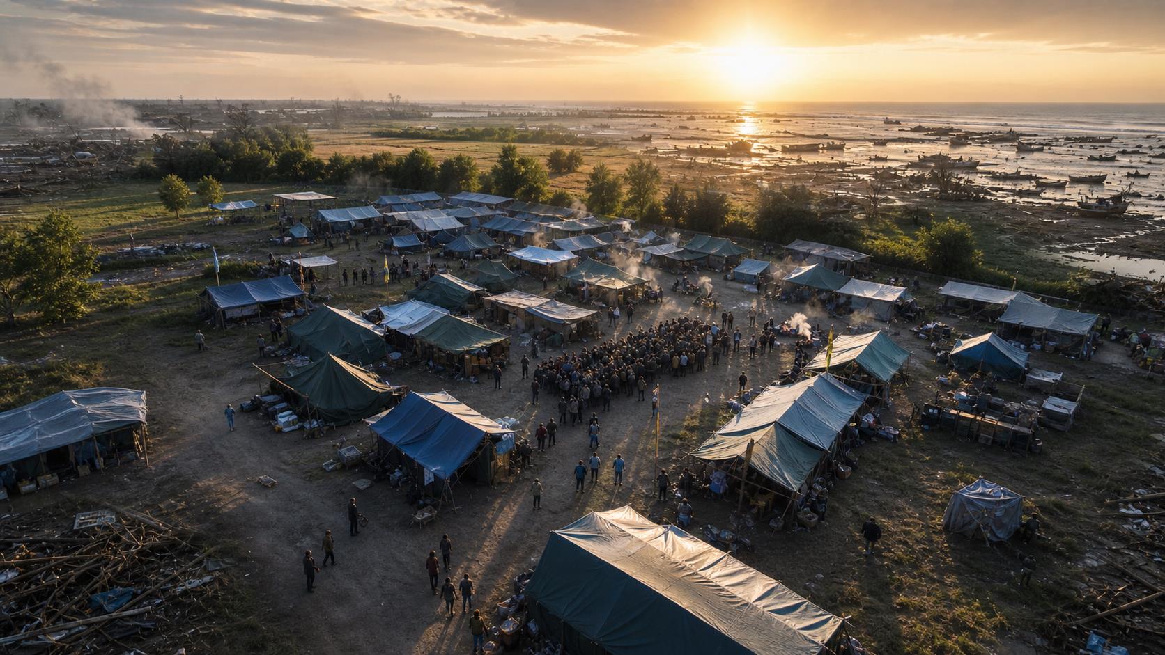 Disaster response camp at sunset